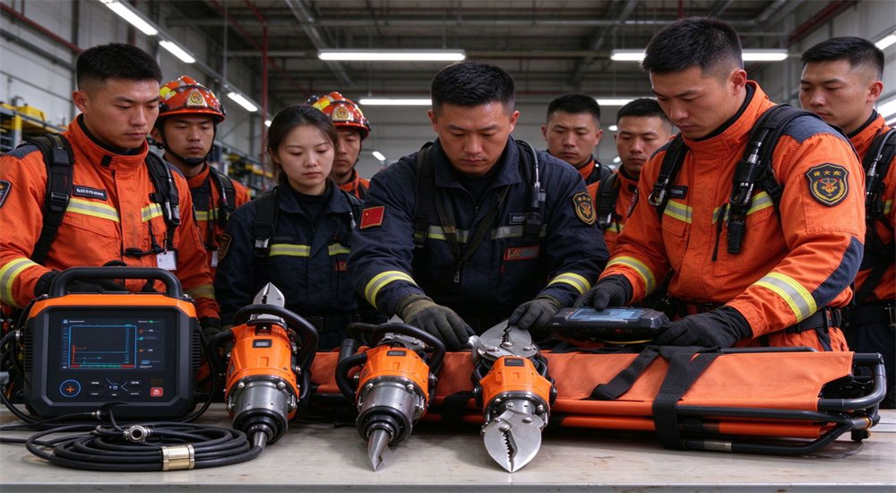 Firefighters examine hydraulic rescue cutters and spreaders on workbench in indoor station Firefighters examine hydraulic rescue cutters and spreaders on workbench in indoor station