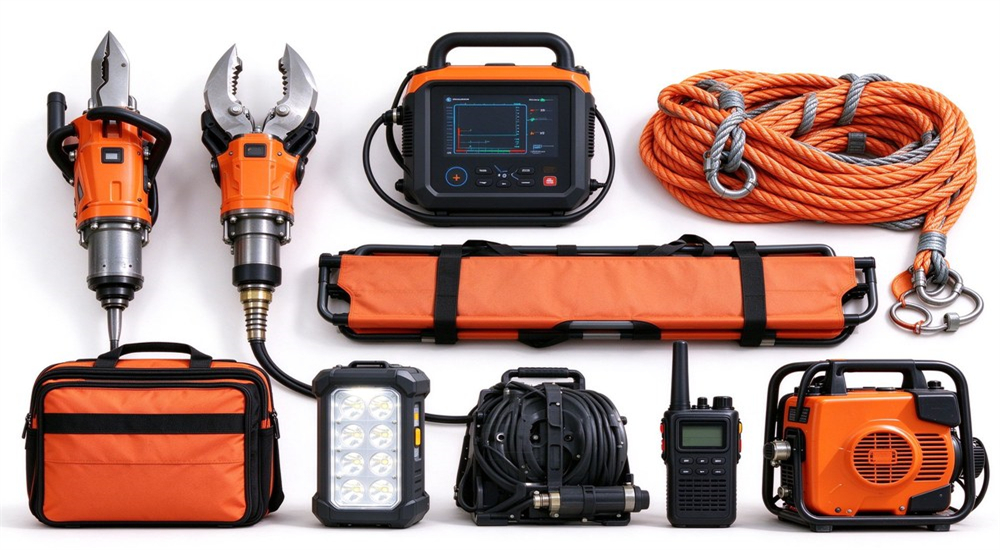 Complete hydraulic rescue equipment kit with cutters, spreaders, stretcher and supporting rescue accessories Complete hydraulic rescue equipment kit with cutters, spreaders, stretcher and supporting rescue accessories