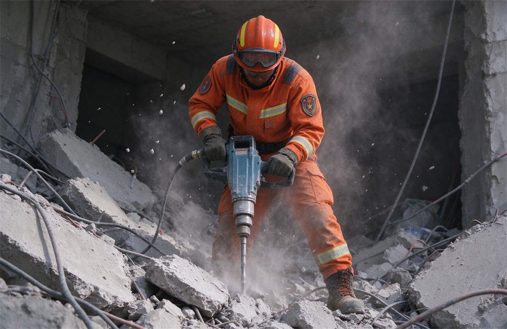 Western rescue worker using jackhammer pneumatic breaker to break up concrete rubble, orange uniform, dust and debris flying for landslide rescue operations, wholesale pricing available
