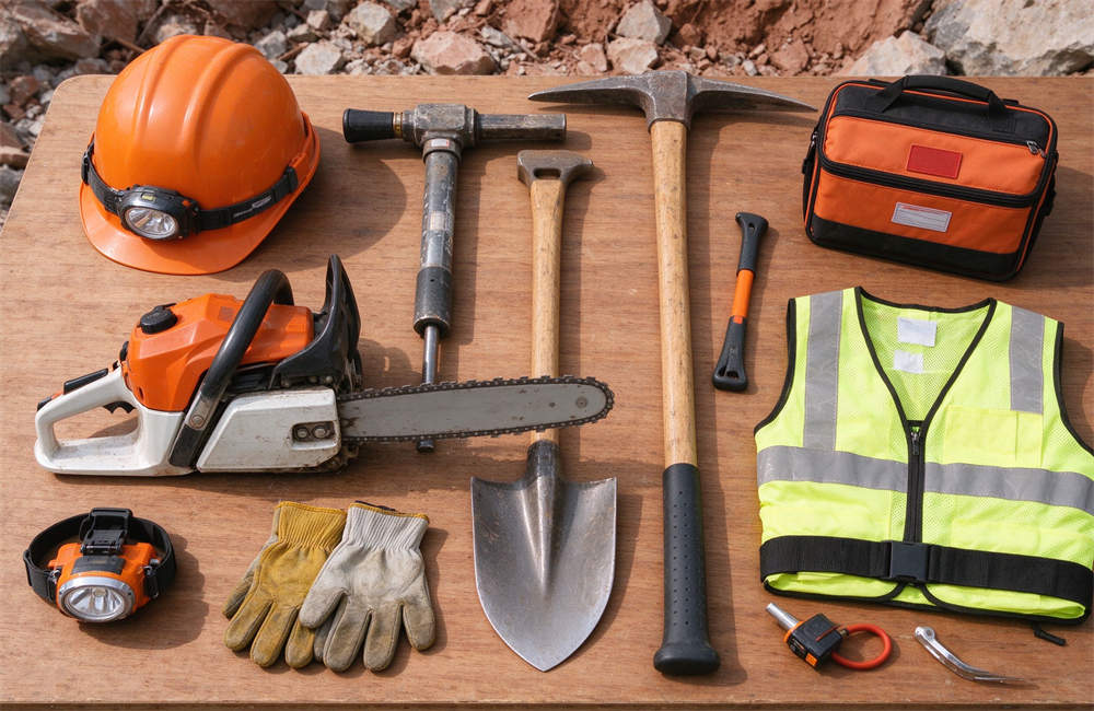 Flat lay of landslide rescue tools: gasoline chainsaw, jackhammer, shovel, pickaxe, safety helmet, headlamp, gloves, reflective vest, first aid kit