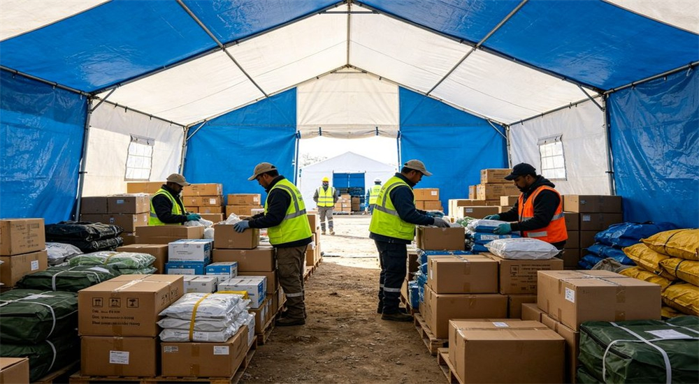 Workers sort disaster relief supplies inside large blue and white emergency tent warehouse Workers sort disaster relief supplies inside large blue and white emergency tent warehouse