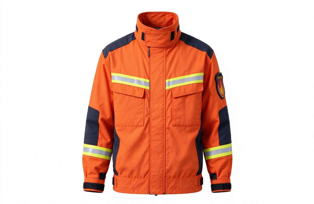Close-up view of orange forest fire fighting suit with reflective trim for wildland fire protective clothing visibility and wildland fire gear bulk procurement