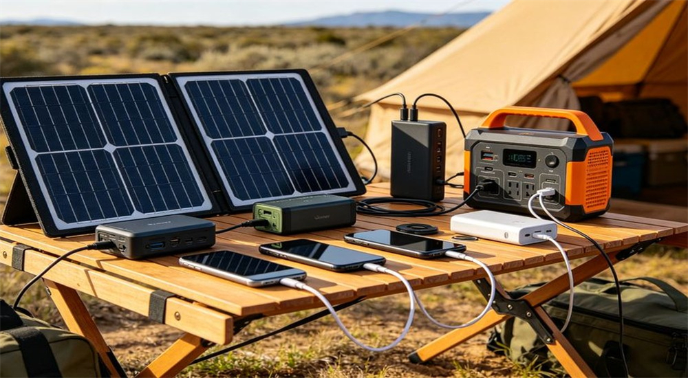 Solar charging station at remote camp for powering worker devices and lighting Solar charging station at remote camp for powering worker devices and lighting