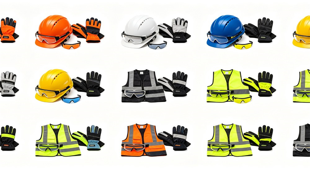Multiple PPE sets in color combinations helmet vest gloves goggles for crew identification Multiple PPE sets in color combinations helmet vest gloves goggles for crew identification