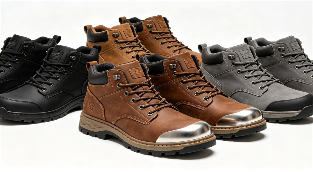 Multiple safety boots in black brown grey steel toe cap leather for worker foot protection Multiple safety boots in black brown grey steel toe cap leather for worker foot protection