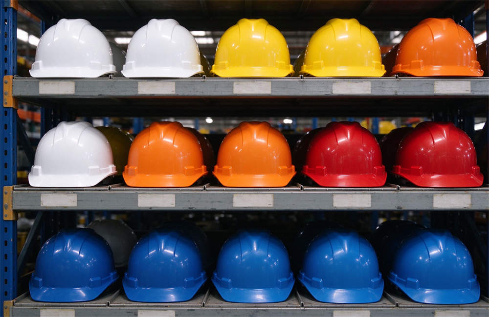 Warehouse shelf with life vests, safety helmets, and emergency supplies in multiple colors, bulk tsunami emergency kit inventory. Warehouse shelf with life vests, safety helmets, and emergency supplies in multiple colors, bulk tsunami emergency kit inventory.