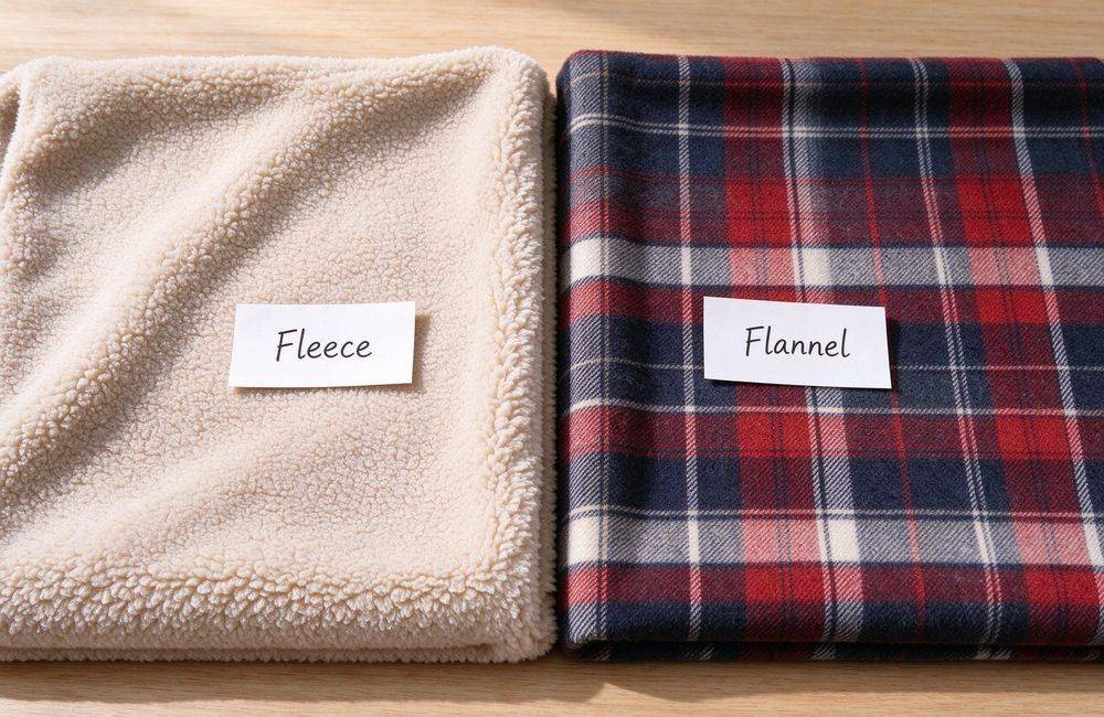 Close-up comparison of fleece and flannel blanket fabric side by side on a bright wooden table, fleece with curled pile and flannel with brushed diagonal weave, supporting relief blankets specification decisions