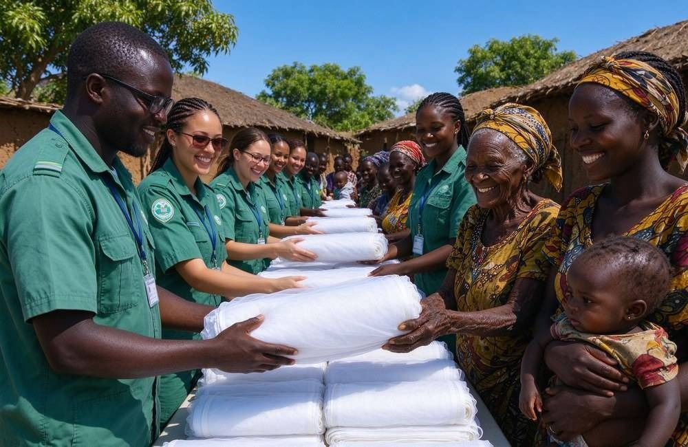 African relief worker distributing mosquito nets to families at a bright camp distribution point, showing relief nets and hygiene items in field programs
