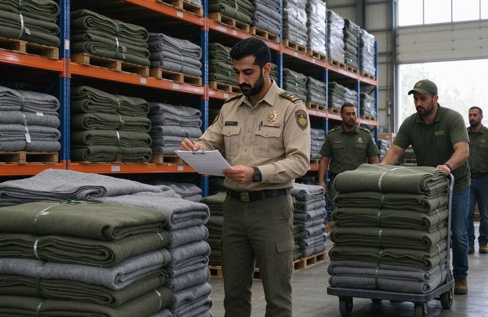 Middle Eastern staff member in khaki uniform checks a list between shelves of olive and grey blanket rolls while another worker moves stock on a cart in a government warehouse Middle Eastern staff member in khaki uniform checks a list between shelves of olive and grey blanket rolls while another worker moves stock on a cart in a government warehouse
