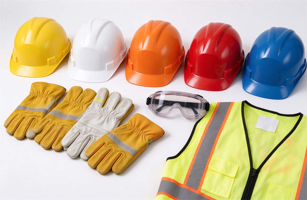 Emergency PPE gear flat lay: colorful EN397 safety hard hats, leather work gloves, safety goggles, high visibility vests, personal protective equipment for disaster response