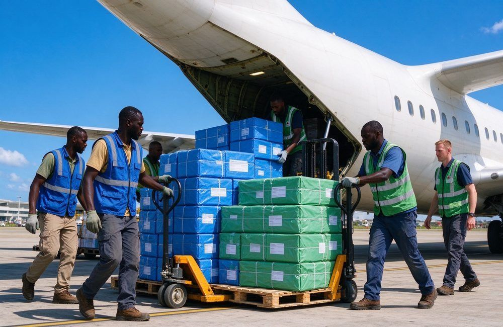 Relief workers loading cartons of humanitarian relief blankets into a civil cargo aircraft under a bright blue sky, showing UN approved relief blankets air freight delivery to Africa
