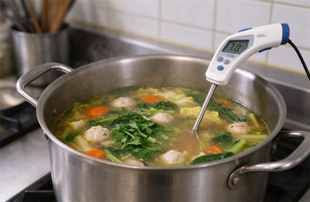 Food thermometer inserted into large soup pot measuring internal temperature, hot holding temperature monitoring for food safety in mass feeding disaster relief operations