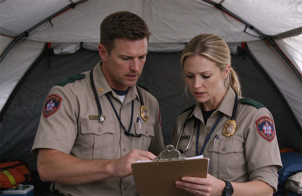 Two uniformed staff members discussing patient cases in relief shelter dining hall, epidemiological investigation and foodborne illness outbreak response team coordination