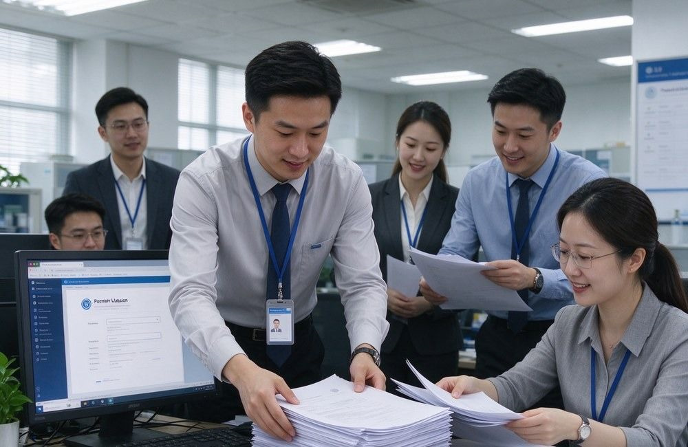Asian export officer organises certification files and product documents at a desk while the computer screen shows a supplier registration page and a colleague assists