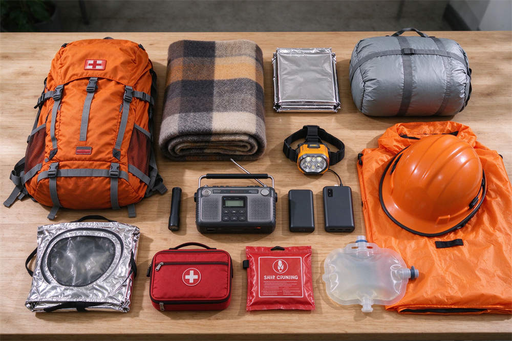 Bulk emergency supplies flat lay showing disaster preparedness kit essentials: backpack, wool blanket, sleeping bag, headlamp, radio, first aid, helmet