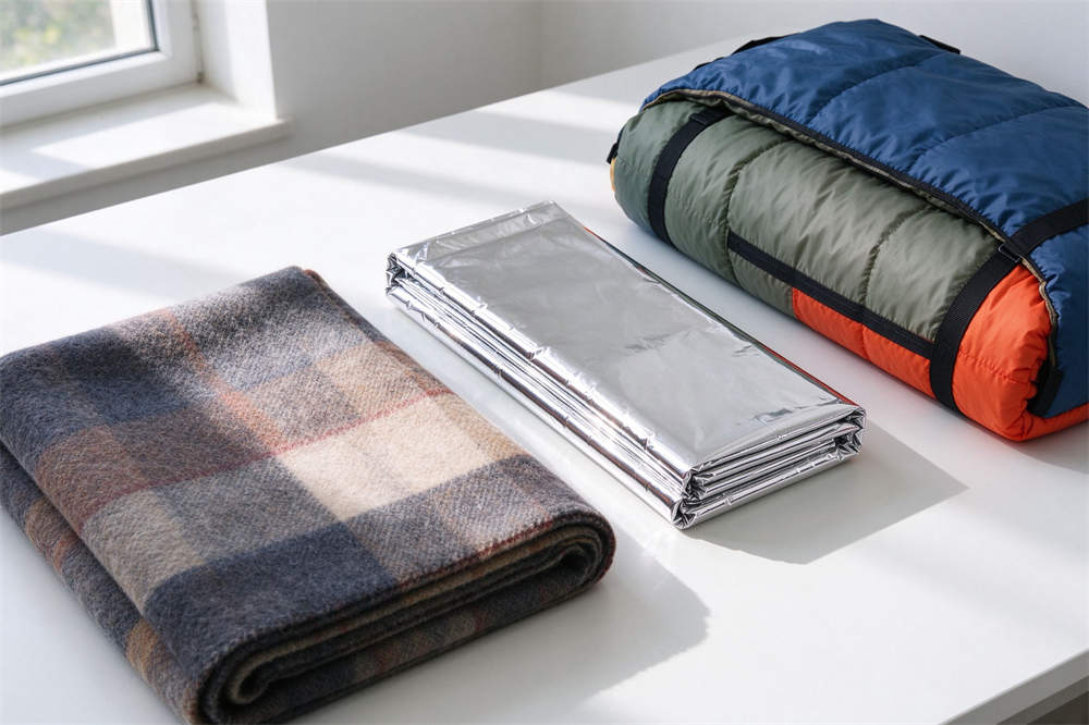 Emergency blankets collection: thick wool blanket, aluminum foil survival blanket, sleeping bag for disaster preparedness and cold weather survival