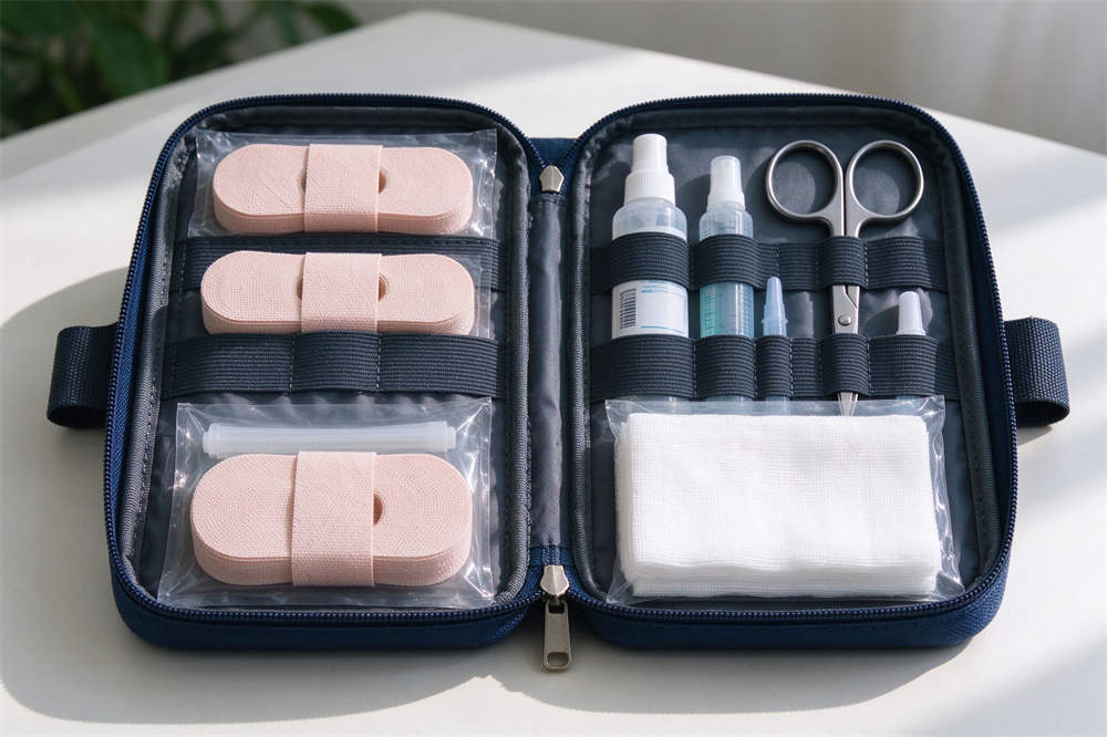 First aid kit with medical supplies for emergency survival kit, bandages gauze scissors gloves, essential disaster preparedness supplies
