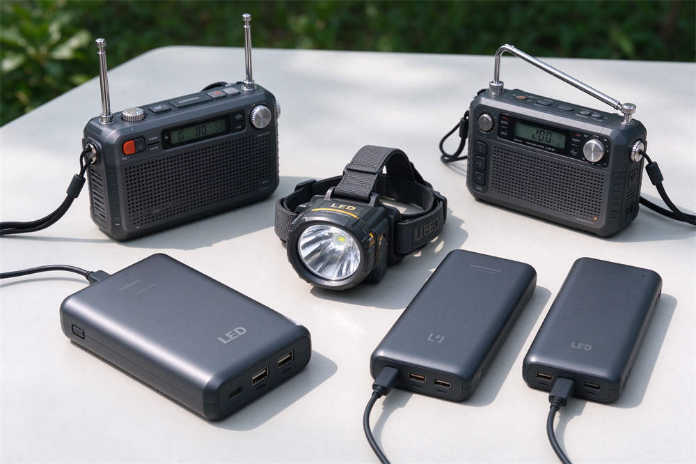 Emergency power and lighting products: LED headlamp, hand crank radio, power bank for disaster preparedness and power outage go bag essentials