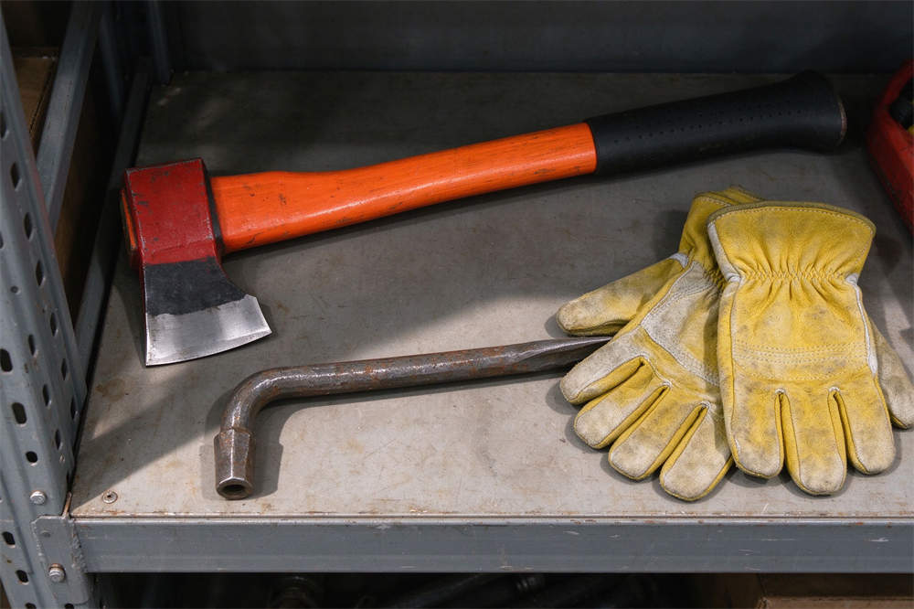 Emergency response tools: fire axe, pry bar, work gloves for disaster preparedness, bulk emergency supplies for rescue and recovery operations