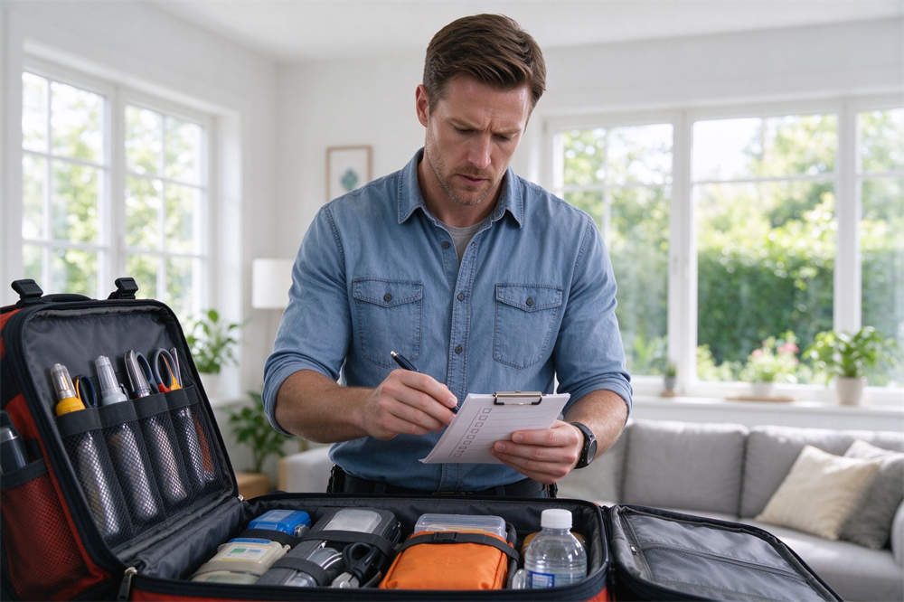 Emergency kit checklist monthly review, checking and rotating disaster preparedness supplies every six months as recommended by Red Cross
