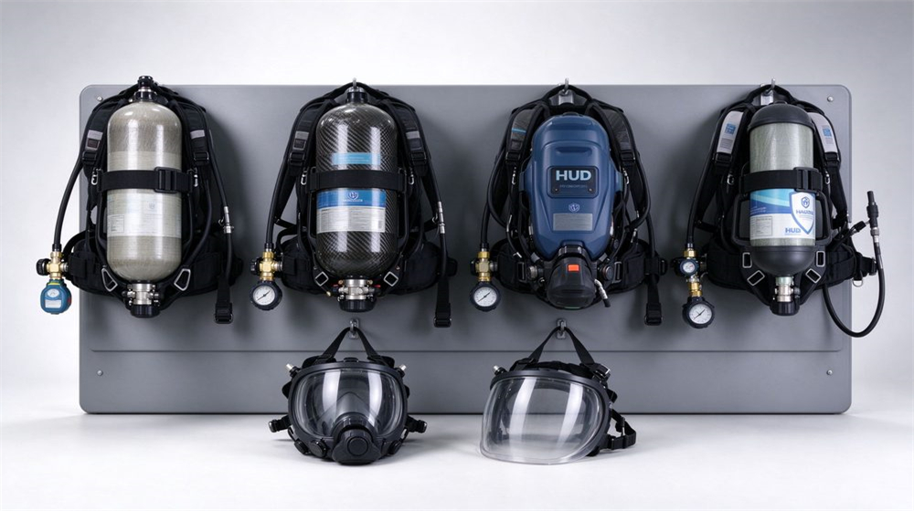Studio lineup of four self contained breathing apparatus models in black navy orange and red back frames with carbon fiber cylinders, arranged on light gray display