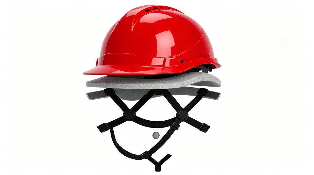 Exploded view of a fire helmet showing outer shell EPS impact liner four point suspension webbing and chin strap separated in layers on light gray background