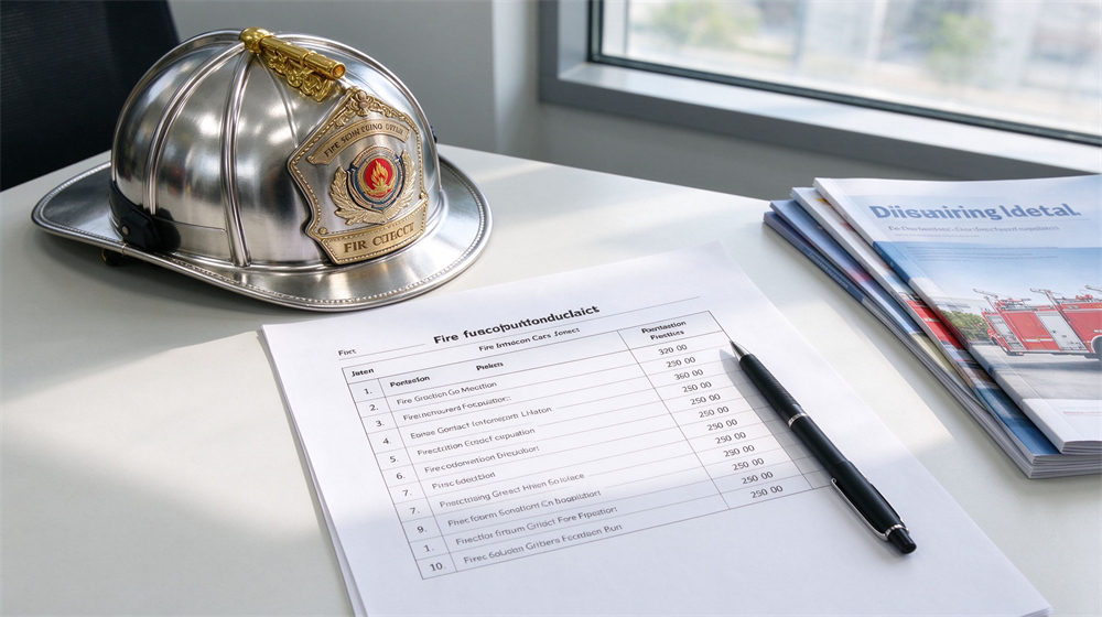 Top-down desk shot of a printed fire equipment procurement checklist on white paper with a black pen, stainless steel fire helmet and English catalogs beside it by a bright window