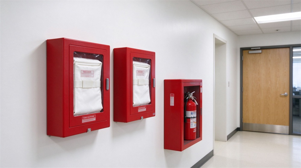 Wall mounted red fire blanket case in a commercial building corridor, bright red box with pull tab, neutral painted wall, even indoor lighting, accessible emergency equipment location