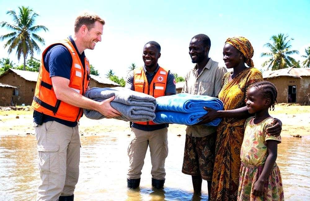 Flood rescue volunteers handing warm blankets to displaced families at a distribution point, showing post-flood relief supplies in African communities