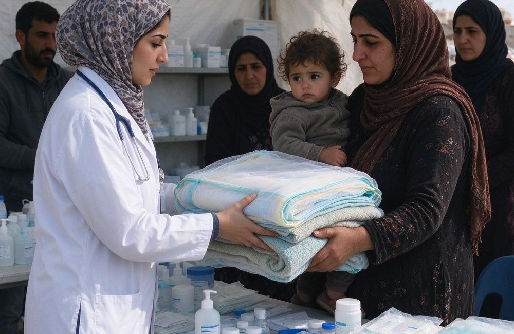 Middle Eastern female health worker in a plain white coat hands folded mosquito nets and blankets to a mother holding a child at a post-flood health station