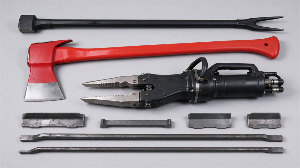 Studio product shot of forcible entry tools laid flat on light gray: black Halligan bar, red fire axe with fiberglass handle, black hydraulic rescue spreader and steel wedges, matte industrial finish