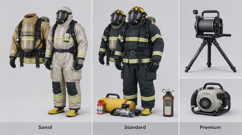 Side by side comparison of three equipment package tiers on light gray background: basic, standard and premium configurations with gear groups labeled in English