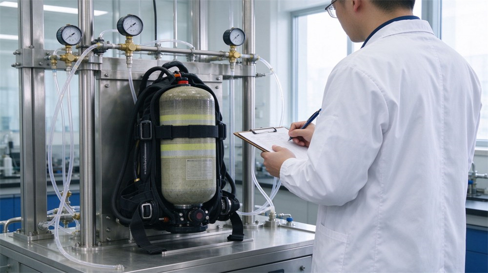 Clean laboratory scene with an Asian male QC inspector operating a test bench to check SCBA air tightness and pressure gauge readings, digital display visible, stainless steel worktable