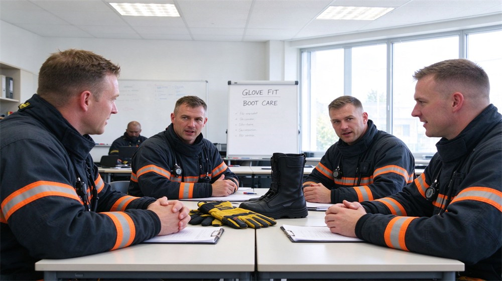 Bright classroom training scene with a Caucasian instructor teaching firefighting equipment use to a group of students in turnout gear, training equipment on table, whiteboard in background
