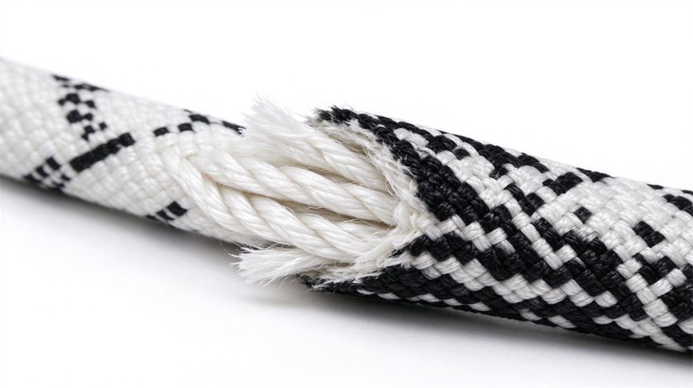 Double braided rescue rope with torn outer sheath, showing strong inner core for load bearing rescue work.