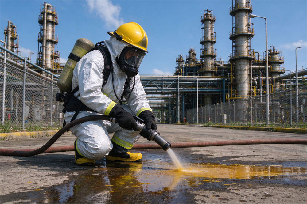 Chemical emergency kit HazMat response scene with rescue workers in chemical protective suits at industrial spill site, PPE equipment for safety