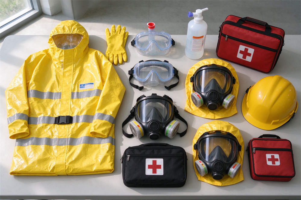 Chemical emergency PPE flat lay: protective suits, gloves, goggles, respirator, first aid kit, hard hats for HazMat response wholesale
