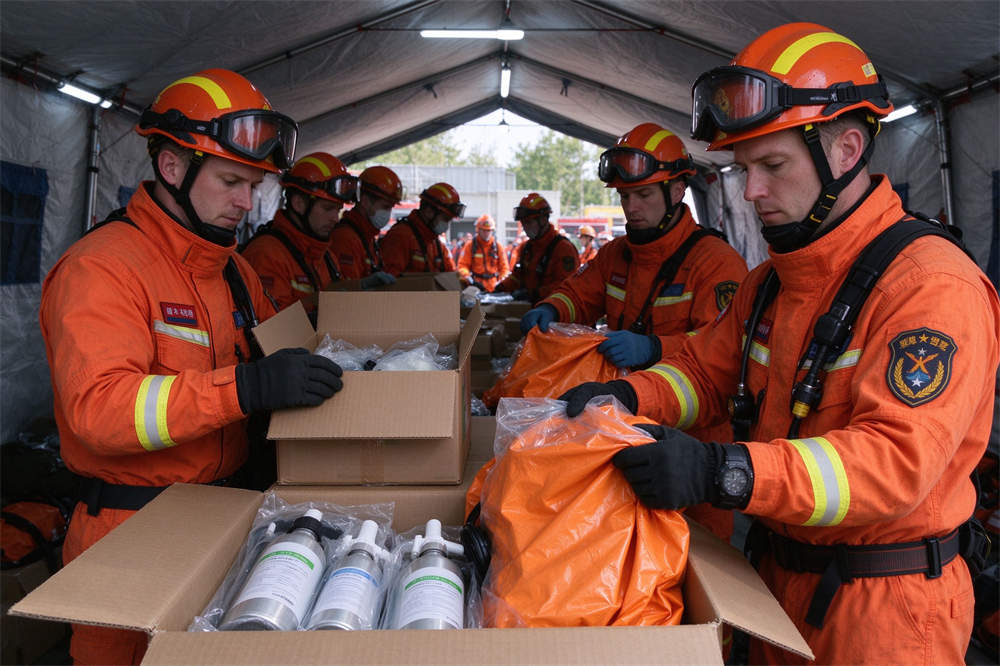 Chemical spill response PPE distribution by rescue workers opening supply boxes, bulk HazMat supplies for emergency teams