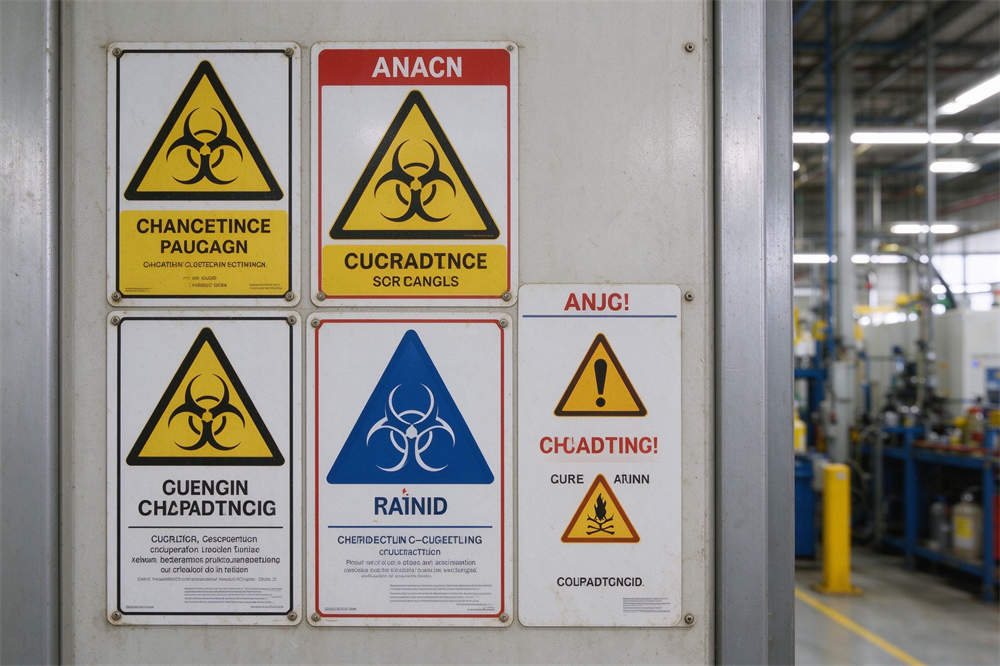 Hazard communication signs on safety wall, chemical warning symbols for HazMat training and emergency preparedness