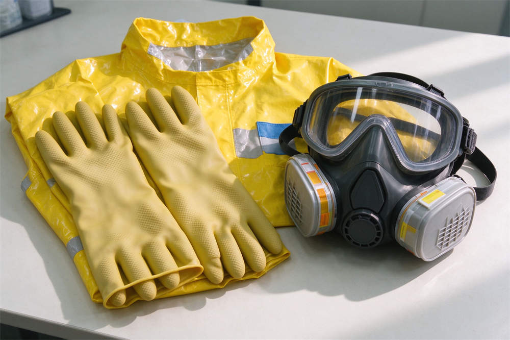 HazMat suits multiple colors hanging in warehouse: yellow, white, orange chemical protective coveralls for emergency response