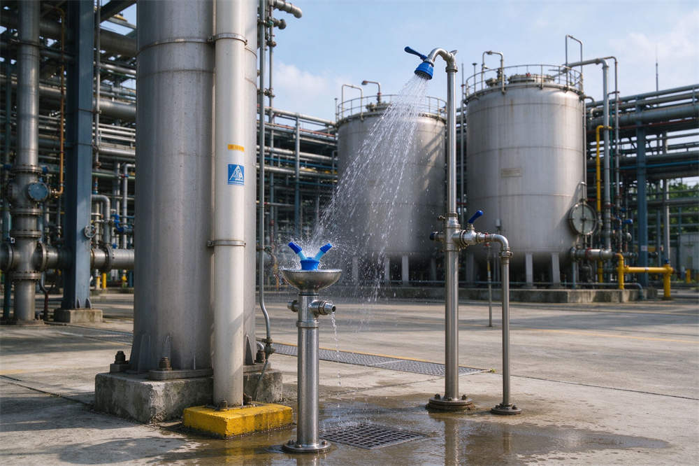 Worker using eyewash station to flush eyes after chemical exposure, emergency safety procedure for HazMat response