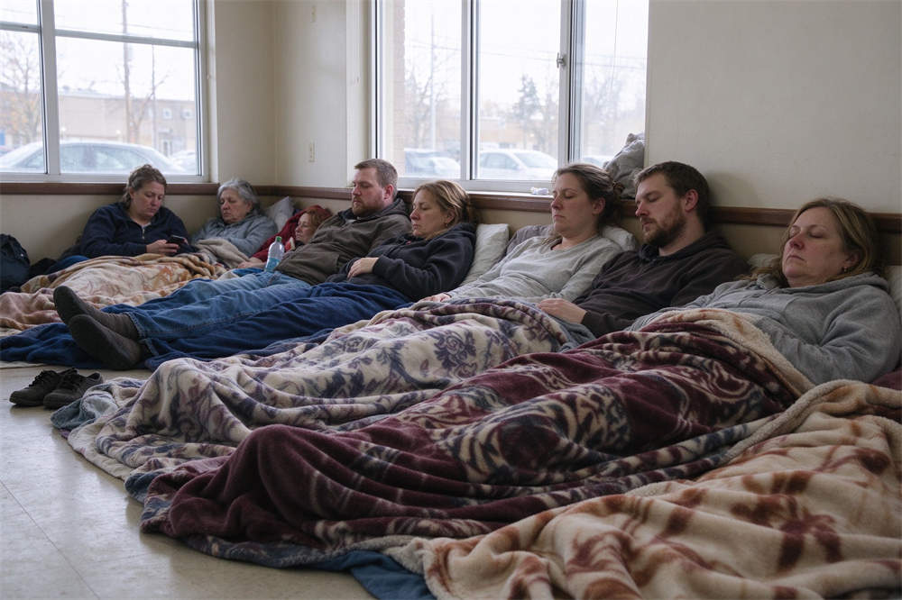 Community shelter recovery scene with people resting under thick blankets, bright natural light, influenza pandemic preparedness Community shelter recovery scene with people resting under thick blankets, bright natural light, influenza pandemic preparedness