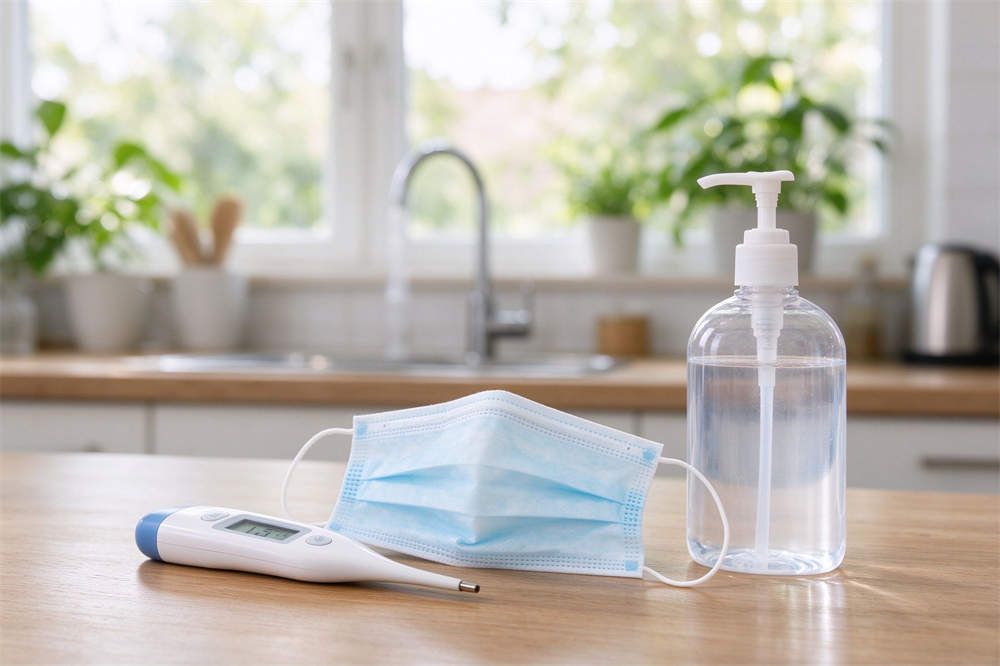 Thermometer mask and sanitizer on kitchen table, home flu emergency kit essentials for influenza preparedness and prevention Thermometer mask and sanitizer on kitchen table, home flu emergency kit essentials for influenza preparedness and prevention
