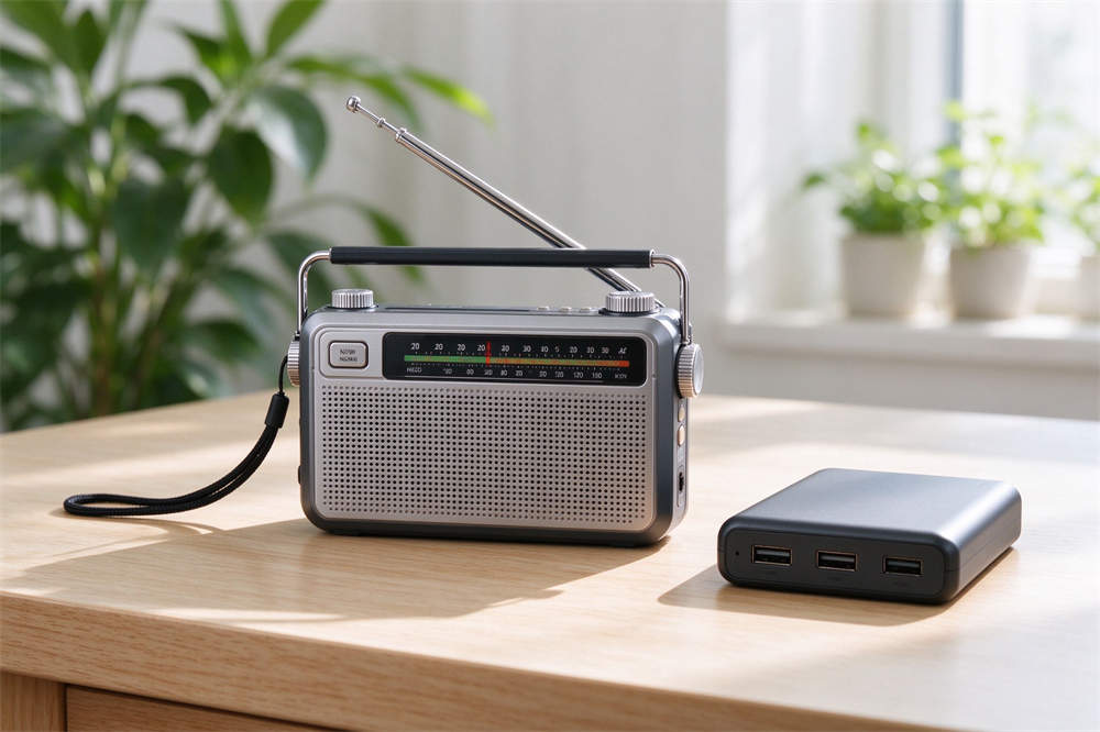 Hand crank emergency radio and power bank on table, communication and power backup for influenza pandemic preparedness Hand crank emergency radio and power bank on table, communication and power backup for influenza pandemic preparedness