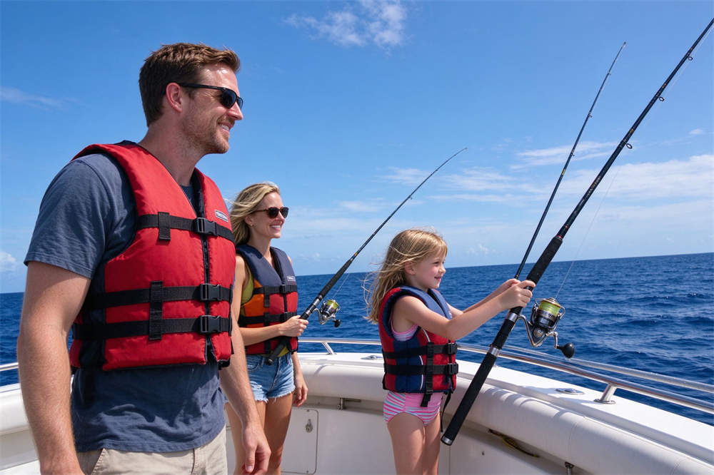 Family on boat fishing wearing life jackets, water safety practices and PFD use for recreational boating safety Family on boat fishing wearing life jackets, water safety practices and PFD use for recreational boating safety