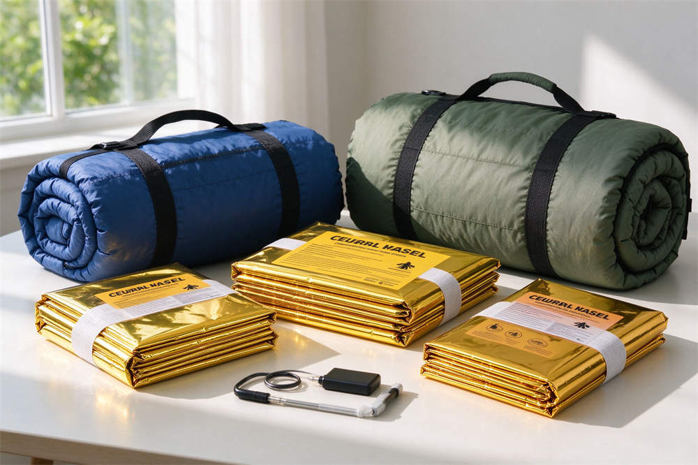 Blankets and sleeping bags product on windowsill, comfort supplies for flood emergency and water disaster relief Blankets and sleeping bags product on windowsill, comfort supplies for flood emergency and water disaster relief