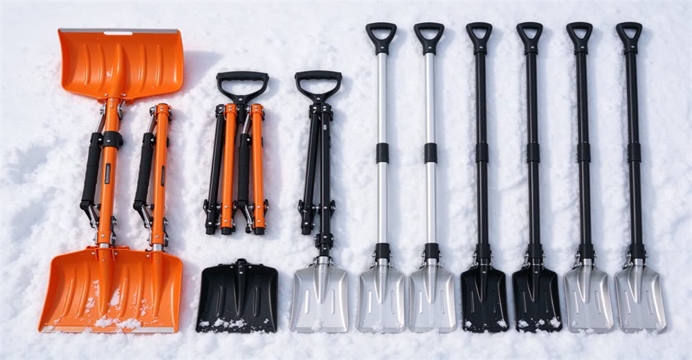 Front view of orange aluminum avalanche shovel with foldable handle showing essential snow shovel for rescue