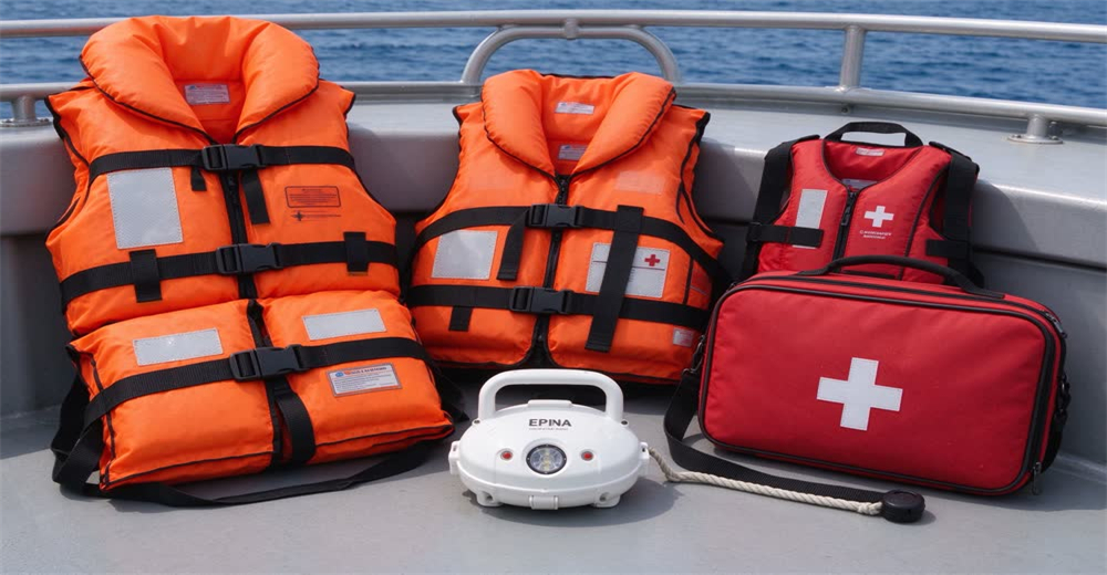 Flat lay product family of maritime safety supplies including life jackets life raft EPIRB and signal flares on white background Flat lay product family of maritime safety supplies including life jackets life raft EPIRB and signal flares on white background