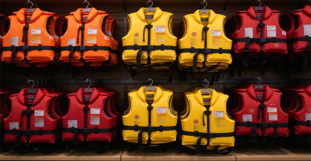 Front view of orange SOLAS-approved life jackets on white background showing personal flotation devices