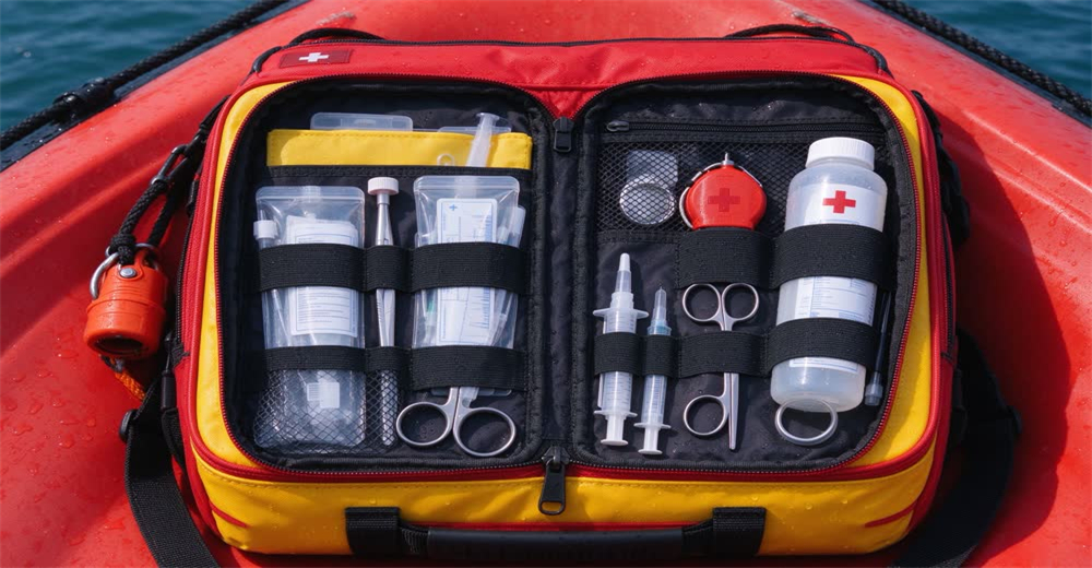Front view of red waterproof marine first aid kit showing water-resistant medical supplies for boat use Front view of red waterproof marine first aid kit showing water-resistant medical supplies for boat use